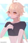  1boy aether_(genshin_impact) black_shirt blonde_hair blush braid crop_top food genshin_impact hair_between_eyes hair_ornament highres ice_cream long_hair male_focus mouth_hold sg_(under_siiiiii) shirt short_sleeves stomach twitter_username yellow_eyes 