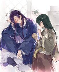  1boy 1girl black_shoes blue_robe brown_skirt bun_cover chinese_clothes closed_mouth commentary green_hair grey_jacket hair_bun half_updo highres jacket jinshi_(kusuriya_no_hitorigoto) kusuriya_no_hitorigoto looking_at_another maomao_(kusuriya_no_hitorigoto) parted_bangs parted_lips purple_hair robe shirt shoes sitting skirt smile untranslatable_commentary white_shirt yuikisezu 