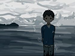 bertolt_hoover blood blood_on_leg blue_cardigan cardigan clouds cloudy_sky collared_shirt cowboy_shot grey_pants hand_on_own_arm highres looking_at_viewer ocean pants shingeki_no_kyojin shirt simple_background sky smile sparkle u7016903054990u white_shirt 