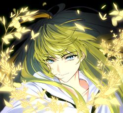  1other androgynous black_background blue_eyes commentary_request dupu enkidu_(fate) fate/grand_order fate/strange_fake fate_(series) glowing_plants green_hair highres light_particles long_hair looking_at_viewer other_focus portrait robe simple_background solo white_robe 