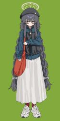 1girl absurdres alternate_costume bag black_hair black_hat blue_archive bow braid casual commentary dated_commentary full_body glasses green_background grey_halo hair_bow halo handbag hat highres jewelry long_hair long_skirt looking_at_viewer low_twin_braids necklace red_socks shoes simple_background skirt sneakers socks solo standing sweatdrop sztxra twin_braids ui_(blue_archive) very_long_hair violet_eyes white_shoes white_skirt 