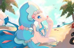  3girls beach blue_eyes blue_hair brionne closed_mouth colored_skin commentary_request day furry furry_female hair_ornament highres long_hair looking_at_viewer multiple_girls no_humans outdoors pescer pink_nose pokemon pokemon_(creature) pokemon_focus popplio primarina sandygast smile star_(symbol) star_hair_ornament white_skin 