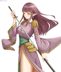  1girl absurdres ass blunt_bangs blush breasts busty commission commissioner_upload dress earrings elf highres holding holding_sword holding_weapon jewelry katana large_breasts legs long_hair long_sleeves lori_hagami official_art parted_lips pointy_ears purple_dress purple_hair sheath simple_background smile solo sword thighs unsheathing ways_of_darkness_(series) weapon white_background wide_sleeves yellow_eyes ypsel 