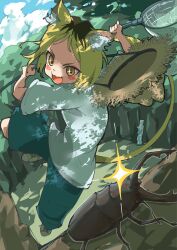  2girls animal_ears arms_up beetle blonde_hair blush breasts bug butterfly_net cat_ears commentary etsushimaru_yakuko flat_chest floating forest furrowed_brow glint hand_net hat highres jumping kitaku_okaeri knee_up messy_hair midair multicolored_hair multiple_girls nature non-web_source open_mouth satou_yaniko shirt short_hair shorts small_breasts smoke straw_hat tail tree tree_shade white_shirt wind yani_neko yellow_eyes 