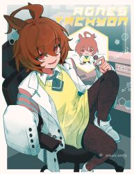  1girl agnes_tachyon_(tach-nology)_(umamusume) agnes_tachyon_(umamusume) ahoge amai_(amaicandy) animal_ears black_necktie black_pantyhose black_shirt border brown_hair chair character_name chibi chibi_inset coat collared_shirt commentary cortisol_level_(meme) english_commentary eyes_visible_through_hair foot_out_of_frame hair_between_eyes highres holding holding_test_tube horse_ears horse_girl horse_tail huge_ahoge lab_coat leg_up long_sleeves looking_at_viewer math meme messy_hair necktie office_chair on_chair open_clothes open_coat pantyhose red_eyes shirt shoes short_hair short_necktie sleeves_past_fingers sleeves_past_wrists smile solo standing sweater swivel_chair tail test_tube test_tube_holster umamusume white_border white_coat white_shirt white_shoes yellow_sweater 