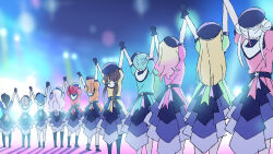  4ding 6+girls arashi_chisato beret black_hair black_hat blonde_hair blue_hair blue_jacket blurry blurry_background bow braid commentary double_bun from_behind gradient_hair green_jacket grey_hair hair_bow hair_bun half_up_braid hat hazuki_ren heanna_sumire high_ponytail highres jacket liella!_(year_3) long_hair love_live! love_live!_superstar!! low_twintails multicolored_hair multiple_girls onitsuka_natsumi onitsuka_tomari orange_hair orange_jacket pink_hair pink_jacket ponytail puffy_short_sleeves puffy_sleeves purple_hair purple_jacket red_hair red_jacket sakurakoji_kinako shibuya_kanon short-sleeved_jacket short_hair short_sleeves single_side_bun standing straight_hair superstar!!_(love_live!) tang_keke twintails victory wakana_shiki wavy_hair white_bow white_hair wien_margarete yellow_jacket yoneme_mei 