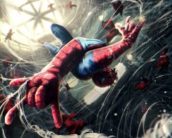  1boy \m/ bodysuit fighting highres holding holding_sword holding_weapon marvel mask ninja peter_parker solo_focus spider-man spider-man:_brand_new_day spider-man_(original_suit) spider-man_(series) spider_web_print spinning sword taku_(aywakutakuay) torn_bodysuit torn_clothes torn_mask upside-down weapon 