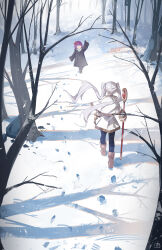 2girls absurdres bow closed_eyes closed_mouth commentary elf english_commentary fern_(sousou_no_frieren) frieren hair_bow highres holding holding_staff keyv1q long_hair mage_staff multiple_girls pointy_ears red_bow snow solo sousou_no_frieren staff 