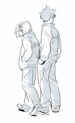  2boys absurdres collared_jacket facing_to_the_side full_body greyscale haikyuu!! hand_in_pocket highres hood hood_down hoodie jacket kozume_kenma kuroo_tetsurou long_sleeves male_focus monochrome multicolored_hair multiple_boys pants parted_bangs roots_(hair) shoes short_hair side-by-side simple_background sneakers spiky_hair standing tamoto_(loretta) very_short_hair white_background 