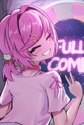  1girl blush cat_hair_ornament choker closed_eyes commentary_request doki_doki_literature_club eyelashes grin hair_intakes hair_ornament hair_ribbon hairclip highres looking_back natsuki_(doki_doki_literature_club) pink_choker pink_hair pink_ribbon pink_shirt ribbon shirt short_hair short_sleeves smile solo teeth upper_body v yame_pi yellow_ribbon 