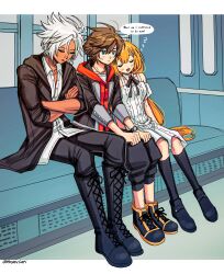  1girl 2boys absurdres black_boots black_jacket black_pants black_ribbon black_socks blue_eyes blush boots border breasts brown_hair closed_eyes collared_shirt crossed_arms crown_necklace dark-skinned_male dark_skin detached_collar detached_sleeves dress drooling english_text full_body grey_hair hair_between_eyes hair_ornament hairclip highres hood hood_down hooded_jacket hoodie jacket kingdom_hearts kingdom_hearts_iv leaning_on_person letterboxed light_frown medium_breasts moomusapi mouth_drool multiple_boys neck_ribbon open_mouth orange_hair pants parted_bangs red_hoodie ribbon shirt short_hair sitting sleeping socks sora_(kingdom_hearts) speech_bubble spiky_hair strelitzia_(kingdom_hearts) sweatdrop tan thought_bubble train_interior twitter_username watch watch white_border white_dress white_shirt xehanort_(kingdom_hearts) young_xehanort zzz 