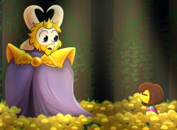  1boy 1other 2026 2d ambiguous_gender animal_ears animal_nose anthro armor artist_name asgore_dreemurr beard black_eyes blonde_hair blue_sweater body_fur brown_hair child cloak commentary crown digital_media double_horizontal_stripe droopy_ears duo english_commentary facial_hair fangs floppy_ears flower frisk_(undertale) furry furry_male goat goat_boy goat_ears goat_horns golden_flower_(undertale) highres horizontal-striped_clothes horns human in-universe_location king long_sleeves looking_at_another male mammal monster monster_boy pauldrons pink_stripes plant purple_cloak short_hair size_difference skin_fangs standing striped_clothes striped_sweater sweater torchicmaster two-tone_sweater undertale utdr_(toby_fox) vines watermark white_fur white_horns yellow_flower 
