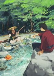  2boys 7nawon alternate_costume bead_necklace beads black_hair commentary fishing_rod green_hair hat holding holding_fishing_rod indian_style japanese_clothes jewelry kimono male_focus monk monkey_d._luffy multiple_boys nature necklace one_piece outdoors red_kimono river rock roronoa_zoro sash short_hair sitting straw_hat tree water 