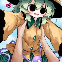  +++ 1girl 1other armpit_carry black_eyes black_hat blue_sky blush bow buttons carrying carrying_person collared_shirt commentary_request crossed_bandaids day diamond_button disembodied_linked_eye empty_eyes eyeball floral_print frilled_shirt_collar frilled_sleeves frills green_hair green_skirt hair_between_eyes hat hat_bow heart heripantomorrow komeiji_koishi long_sleeves open_mouth print_skirt rose_print shirt skirt sky smile touhou wide_sleeves yellow_bow yellow_shirt 