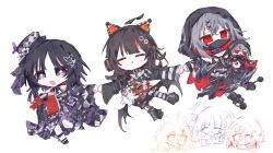  3girls ahoge animal_ear_headphones animal_ears arm_belt asymmetrical_legwear asymmetrical_sleeves bandaged_arm bandages bandaid bandaid_on_face bandaid_on_leg bare_shoulders bat_wings belt belt_collar black_choker black_dress black_hair black_hat black_hood black_kimono black_mask black_shoes black_sweater black_tank_top butterfly_hair_ornament butterfly_hat_ornament butterfly_print_kimono cat_ear_headphones cat_ears character_doll checkered_sleeves chest_sarashi choker closed_eyes closed_mouth collar colored_inner_hair commentary_request cross-laced_clothes cross-laced_dress crossed_bangs cuffs deformed doll dress eyeball_hair_ornament fake_animal_ears floral_print floral_print_kimono flower frilled_sleeves frills furisode grey_hair hair_between_eyes hair_ornament hat hat_flower hat_ornament headphones highres holding holding_doll housho_margo japanese_clothes kimono layered_dress leg_belt lolita_fashion long_sleeves loose_socks mahou_shoujo_no_majo_saiban mask mouth_mask multicolored_hair multiple_girls neck_ribbon off-shoulder_dress off-shoulder_sweater off_shoulder open_mouth orange_streaks print_kimono red_eyes red_hair ribbon sarashi sawatari_coco shackles shirt shito_alisa shoes short_hair simple_background single_bare_shoulder single_thighhigh skirt skull sleeveless sleeveless_shirt socks streaked_hair striped_clothes striped_sleeves striped_thighhighs stuffed_animal stuffed_cat stuffed_toy sweater tank_top thigh-highs top_hat torn_clothes torn_dress unnmo_1102 violet_eyes wa_lolita white_background white_shirt white_skirt wide_sleeves wings x_hair_ornament 