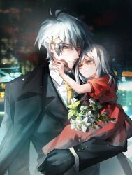  1boy 1girl absurdres age_difference ahoge black_coat black_gloves black_jacket bouquet building carrying child child_carry chinese_commentary closed_mouth coat coat_on_shoulders collared_shirt commentary_request cuff_links dress ear_flower expressionless father_and_child father_and_daughter flower ghostblade_(to_be_hero_x) gloves grey_eyes hair_between_eyes hand_up highres holding holding_bouquet jacket lapels light_particles light_smile long_hair looking_at_another looking_at_viewer necktie night notched_lapels outdoors parent_and_child puffy_short_sleeves puffy_sleeves putting_on_headwear red_dress shirt short_hair short_sleeves skyscraper smile suit_jacket to_be_hero_x upper_body wang_nuonuo white_flower white_hair white_shirt wrinkled_skin yellow_eyes yellow_necktie yuyuluochenchaoyexiange 