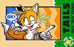  1boy animal_ears animal_nose blue_eyes character_name cuellarmago2 english_text fox fox_boy fox_ears fox_tail furry furry_male gloves holding male_focus multiple_tails one_eye_closed open_mouth orange_fur phone pointing smile solo sonic_(series) sonic_advance_(series) speech_bubble tail tails_(sonic) two_tails white_gloves yellow_fur 