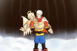  1boy 1girl 2021 2d angel angel_wings aqua_eyes armor artist_self-insert blonde_hair blue_shorts boots cape capelet carrying carrying_person closed_eyes colored_skin commentary cowboy_shot digital_media dress english_commentary female firealpaca_(medium) forest gloves hair_over_one_eye halo hetero highres humanoid interspecies making-of_available male monster monster_boy original original_character outdoors papyrus_(undertale) princess_carry raylipines red_boots red_cape red_gloves short_hair shorts signature skeleton snow sparkle spine standing teeth u_u undead undertale utdr_(toby_fox) white_armor wings yellow_capelet yellow_dress yellow_skin yellow_trim 