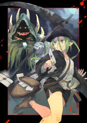  1girl 1other bag black_border black_hat black_jacket black_skirt border brown_bag brown_shoes cloak commentary_request elf flat_chest glasses green_eyes green_hair gregorius_yamada hair_between_eyes hat highres hood hooded_cloak jacket letter long_sleeves miniskirt pencil_skirt pointy_ears ryuu_to_yuusha_to_haitatsunin satchel scythe shoes skirt sweat tunic wax_seal white_tunic yoshida_(ryuu_to_yuusha_to_haitatsunin) 