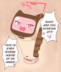  1girl anger_vein angry bellabot blue_archive brown_background commentary english_commentary english_text halo highres kei_(blue_archive) looking_at_viewer non-humanoid_robot pink_eyes pink_halo robot siumai_(siumairice001) solo spoken_anger_vein v-shaped_eyebrows 