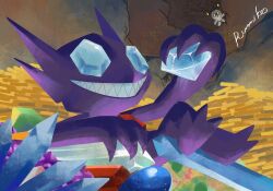  antennae blue_gem cave claws coin colored_skin commentary_request crystal gem gem_eyes ghost_type_theme_(pokemon) gimmighoul green_gem grin one-hour_drawing_challenge pokemon pokemon_(creature) purple_skin red_gem rumiko_(vertlapin96) sableye sharp_teeth sitting smile teeth yellow_eyes 