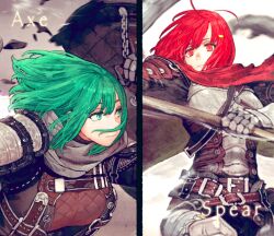  2girls armor axe_(navigavi) belt black_border black_jacket border breastplate broken_shield brown_belt cape character_name closed_mouth commentary_request cropped cuisses debris duel english_text eyelashes gambeson gauntlets green_eyes green_hair grey_scarf hair_ornament hairclip highres holding holding_polearm holding_shield holding_weapon jacket jun_(navigavi) leather_armor looking_down motion_lines multiple_belts multiple_girls nose open_clothes open_jacket original pauldrons plackart plate_armor polearm poleyn red_cape red_eyes red_hair round_shield scarf shield short_hair shoulder_armor smile spear spear_(navigavi) torn_cape torn_clothes upper_body weapon 
