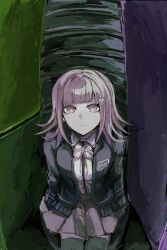  1girl amatou0v0 breasts brown_hair brown_skirt collared_shirt commentary_request danganronpa_(series) danganronpa_2:_goodbye_despair flipped_hair frown hair_ornament highres hood jacket long_sleeves looking_at_viewer medium_hair nanami_chiaki neck_ribbon open_clothes open_jacket pink_eyes pink_ribbon pleated_skirt ribbon shirt sitting skirt solo spoilers tetris thigh-highs two-tone_shirt white_shirt 