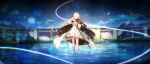  1girl absurdres azur_lane black_bow black_gloves blonde_hair bow bow_(music) cape closed_eyes dress fan_(ariku) full_body gloves gold_dress gold_trim hair_bow highres holding holding_instrument instrument long_hair music night night_sky outdoors playing_instrument reflection scabbard sheath sheathed sky solo star_(sky) starry_sky thigh-highs two-tone_cape vanguard_(azur_lane) violin wading white_cape white_dress white_thighhighs 