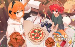  +_+ 2girls a.i._voice adachi_rei ahoge baguette barefoot bed bread can cellphone chicken_(food) chips_(food) collarbone confetti cushion double-parted_bangs drill_hair drink_can drooling electric_plug electric_plug_tail food fried_chicken goumachima grey_shirt hair_between_eyes hair_ornament hairclip hands_on_table headlamp highres holding holding_food holding_plate hood hoodie kasane_teto margherita_pizza milestone_celebration mouth_drool multiple_girls nintendo_switch orange_eyes orange_hair party party_popper phone pillow pizza pizza_box plate potato_chips profile_picture red_eyes red_hair robo_to_chimera_nemuranai_(synthesizer_v) second-party_source shirt smartphone streamers synthesizer_v t-shirt table tail thank_you triangle_hair_ornament twin_drills utau white_hoodie zipper 