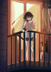  1girl :d against_railing backlighting balcony bare_legs black_shorts blush brown_hair clothes_hanger commentary_request double-parted_bangs food full_body glass_door hair_between_eyes hand_up hatopippi45 head_tilt highres holding holding_food holding_popsicle leaning looking_at_viewer making-of_available melting_popsicle night open_mouth orange_eyes original outdoors plant popsicle potted_plant railing shirt short_hair short_sleeves shorts sliding_doors smile solo standing striped_clothes striped_shirt t-shirt towel towel_around_neck water_drop waving wet wet_hair white_shirt 