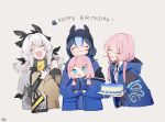  4girls arknights bangs bare_shoulders birthday birthday_cake blue_eyes blue_hair blue_jacket blue_poison_(arknights) blush bolo_tie cake chibi closed_eyes dailybloopy detached_sleeves double_bun food glaucus_(arknights) hair_bun hairband happy_birthday hat highres hood hood_down hooded_jacket jacket long_hair long_sleeves low_twintails multicolored_hair multiple_girls numbered open_mouth pink_hair smile streaked_hair twintails weedy_(arknights) white_hair 