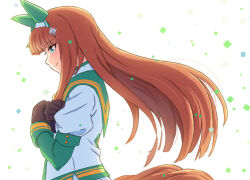  1girl animal_ears black_gloves blunt_bangs blush closed_mouth commentary_request ear_covers gloves green_eyes hairband hime_cut horse_ears horse_girl horse_tail long_hair long_sleeves mgr3na2sup_6 orange_hair orange_tail silence_suzuka_(innocent_silence)_(umamusume) silence_suzuka_(umamusume) skirt smile solo tail umamusume white_hairband white_skirt 
