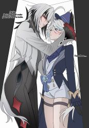  2girls absurdres arlecchino_(genshin_impact) ascot black_gloves black_pants black_streaks blue_ascot blue_hat blue_streaks commentary english_text furina_(genshin_impact) genshin_impact gloves grey_hair grey_jacket hat highres jacket kabedon multicolored_hair multiple_girls pants parted_lips red_eyes rudang shorts streaked_hair thigh_strap violet_eyes white_hair white_shorts yuri 