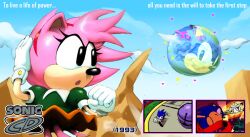  1boy 1girl 3boys :o amy_rose animal_ears animal_nose artist_name battle black_eyes blue_fur blue_sky classic_amy classic_sonic clenched_hand clouds cosplay day earth_(planet) english_text fake_screenshot furry furry_female furry_male gameplay_mechanics gloves green_shirt hairband highres kolsanart multiple_boys open_mouth orange_skirt outdoors pink_fur pink_hair planet puffy_short_sleeves puffy_sleeves red_hairband running shirt short_sleeves skirt sky sonic_(series) sonic_cd sonic_the_hedgehog sonic_the_hedgehog_(classic) spiky_hair standing white_gloves 