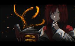  1girl ange_katrina ange_katrina_(1st_costume) aqua_eyes black_background book chromatic_aberration closed_mouth commentary_request crossed_bangs embers fake_text hand_on_own_chin hand_up hasewo highres holding holding_book letterboxed long_bangs long_sleeves looking_at_viewer magic medium_hair narrowed_eyes nijisanji off_shoulder one_eye_closed open_book portrait red_hair red_shirt shirt smile solo split_mouth virtual_youtuber 