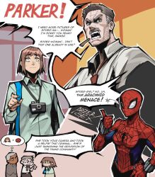  1girl 2boys artist_name arzergex breasts brown_eyes brown_hair camera camera_around_neck chibi cigarette collared_shirt commentary english_commentary english_text facial_hair genderswap genderswap_(mtf) j._jonah_jameson long_sleeves looking_at_another marvel multiple_boys mustache peter_parker robbie_robertson shirt short_hair small_breasts speech_bubble spider-man spider-man_(series) sweat teeth thought_bubble thumbs_up transgender_flag white_shirt 