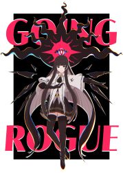  1girl :> absurdres arknights ascot black_ascot black_eyes black_gloves black_hair black_halo black_skirt black_thighhighs blunt_bangs border chromatic_aberration closed_mouth colored_inner_hair commentary crossover darkrai diamond-shaped_pupils diamond_(shape) disembodied_eye elbow_gloves english_commentary english_text full_body garter_straps gloves grey_hair gribberoni halo highres long_hair long_sidelocks looking_at_viewer magic mega_darkrai mole mole_under_eye multicolored_hair outside_border outstretched_arm pokemon pokemon_(creature) pokemon_legends:_z-a shirt sidelocks skirt solo split_mouth symbol-shaped_pupils thigh-highs very_long_hair virtuosa_(arknights) white_border white_shirt 