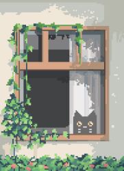  animal black_cat breasts cat commentary curtains decomposedmaw english_commentary hanging_breasts highres house ivy leaf looking_at_viewer looking_outside nature no_humans no_mouth original outdoors overgrown pixel_art plant see-through_curtains shadow vines window windowsill yellow_eyes 