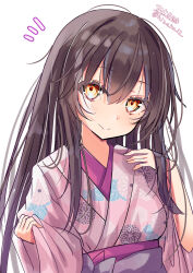 1girl absurdres akagi_(kancolle) brown_hair commentary_request highres hizaka japanese_clothes kantai_collection kimono long_hair looking_at_viewer one-hour_drawing_challenge orange_eyes smile solo twitter_username upper_body wide_sleeves 