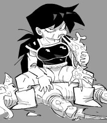  1girl armor black_armor black_hair bone boots corpse derivative_work dragon_ball dragon_ball_z earrings eating elbow_gloves food full_body gloves grey_background greyscale hand_on_own_thigh jewelry long_hair meat monkey_girl monkey_tail monochrome oekaki original saiyan saiyan_armor sayote_(teknodice) scar scar_on_face scar_on_leg scars_all_over shoulder_pads simple_background single_earring sitting_on_another's_back tail tail_around_own_waist tail_wrap teknodice white_boots white_gloves 