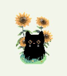  animal animal_focus black_cat blade_of_grass cat day decomposedmaw flower grass green_leaf leaf looking_at_viewer nature no_humans original outdoors petals pixel_art plant shadow sitting sunflower whiskers white_background yellow_flower yellow_petals 