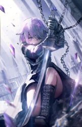  1girl absurdres advarcher bandaid bandaid_on_cheek bandaid_on_face bandaid_on_nose black_boots black_coat black_gloves boots chain coat commentary english_commentary eyepatch gloves grey_hair highres holding holding_sword holding_weapon hololive hololive_english jewel_under_eye koseki_bijou long_hair long_sleeves looking_at_viewer purple_hair solo sword tomato_(sword) violet_eyes virtual_youtuber weapon 