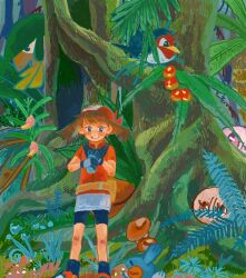  1girl banana bandana berry_(pokemon) bike_shorts blue_eyes brown_hair cascoon dateko_(da0316teko) fern food forest fruit gloves grass highres leaf leppa_berry may_(pokemon) mudkip mushroom nature open_mouth outdoors persim_berry pokemon pokemon_(creature) pokemon_ruby/sapphire/emerald rawst_berry red_bandana sidelocks silcoon smile standing taillow tree tropius 