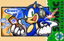  1boy blue_fur cameo cellphone cuellarmago2 english_text flip_phone furry furry_male gameplay_mechanics gloves green_eyes headphones holding looking_at_viewer male_focus open_mouth phone smile solo sonic_(series) sonic_advance_(series) sonic_the_hedgehog speech_bubble thumbs_up white_gloves 