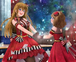  2girls :d absurdres asahi_(asahi8105) black_gloves blue_eyes brown_hair brown_pantyhose dress gloves hat highres holding_hands idolmaster idolmaster_million_live! kousaka_umi long_hair looking_at_another mini_hat mini_top_hat multiple_girls official_alternate_costume open_mouth pantyhose red_dress red_hat short_hair smile standing suou_momoko top_hat 
