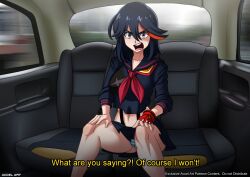  1girl absurdres accelart angry black_hair blue_eyes car_interior fake_taxi highres kill_la_kill matoi_ryuuko panties school_uniform sitting skirt solo taxi underwear upskirt 