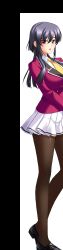  1girl absurdres arm_at_side black_hair black_shoes breasts brown_pantyhose buttons covered_groin double-breasted dress_shirt emblem game_asset hand_on_own_arm highres jacket kanami_(bishop) kugayama_natsuki lapels large_breasts loafers long_hair long_sleeves looking_at_viewer miniskirt necktie non-web_source oppai_heart pantyhose parted_lips pink_eyes pink_lips pleated_skirt purple_jacket school_uniform self-datamine shirt shoes skirt solo standing tachi-e transparent_background white_shirt white_skirt yellow_necktie 