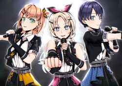  3girls absurdres backlighting black_hairband black_jacket black_necktie black_skirt blonde_hair blue_eyes blue_hair bow bow_hairband braid clenched_hand collared_shirt commentary_request cowboy_shot cropped green_eyes hair_bow hair_ornament hair_over_shoulder hairband hasu_no_sanrenka highres hinoshita_kaho holding holding_microphone i_do_me!_(love_live!) jacket light_particles love_live! love_live!_hasu_no_sora_jogakuin_school_idol_club microphone multiple_girls murano_sayaka necktie open_clothes open_jacket orange_hair osawa_rurino outstretched_arm parted_lips pink_bow shirt short-sleeved_jacket short_sleeves single_braid single_sleeve skirt sleeveless sleeveless_jacket takanashi_ayato virtual_youtuber white_shirt x_hair_ornament 