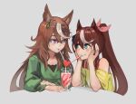  2girls animal_ears blue_eyes blush brown_hair casual drinking_straw eye_contact glasses horse_ears long_hair looking_at_another multicolored_hair multiple_girls non-web_source official_alternate_costume paintrfiend sharing_food simple_background smile symboli_rudolf_(umamusume) tokai_teio_(umamusume) two-tone_hair umamusume violet_eyes yuri 