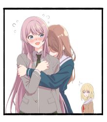  3girls ^^^ absurdres bang_dream! bang_dream!_it's_mygo!!!!! behind_another black_border blazer blonde_hair blue_shirt blue_skirt blush border brown_hair brown_shirt buttons chihaya_anon commentary curly_sidelocks embarrassed faceless faceless_female fang flying_sweatdrops front-to-back green_necktie grey_eyes grey_jacket hanasakigawa_school_uniform hand_on_another's_arm hand_on_own_chest hand_up haneoka_school_uniform head_on_another's_shoulder highres hsiao_yeh hug hug_from_behind jacket lapels long_hair long_sleeves looking_at_another looking_to_the_side medium_hair misumi_uika multiple_girls nagasaki_soyo neck_ribbon necktie nose_blush notched_lapels open_mouth parted_lips pink_hair pocket red_ribbon ribbon sailor_collar school_uniform shaded_face shirt sidelocks simple_background skin_fang skirt skirt_set straight_hair tsukinomori_school_uniform very_long_hair violet_eyes white_background white_sailor_collar wing_collar winter_uniform yuri 
